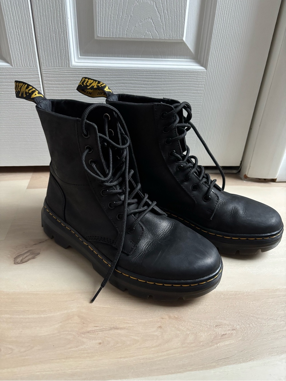 Dr. Martens Black Leather Lace-Up Combat Boots with Yellow Heel Loop